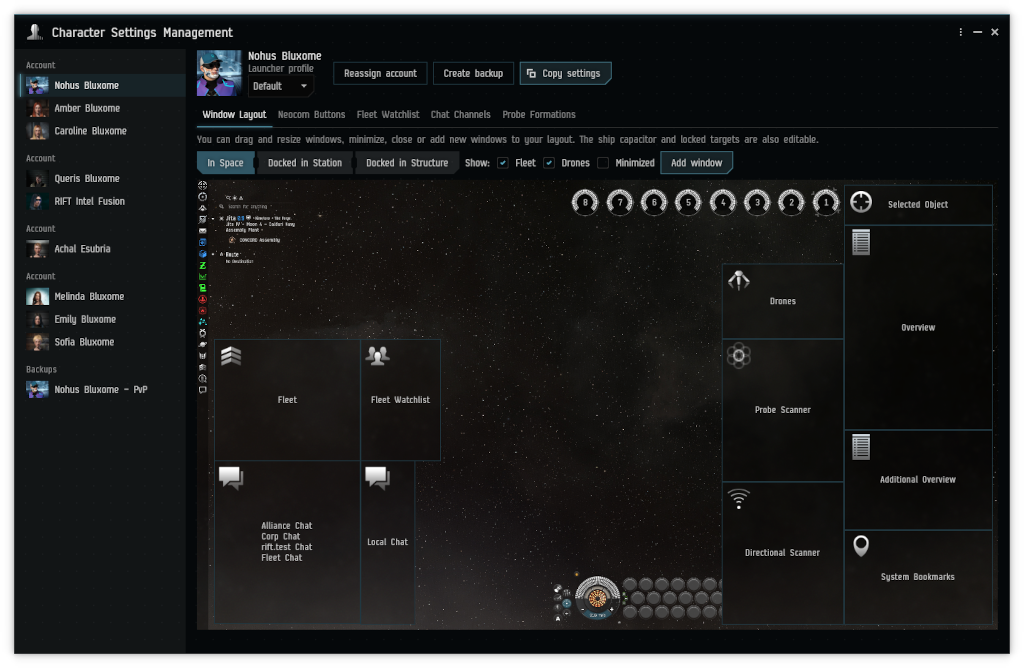 Character Settings Management showing the in-game window layout editor